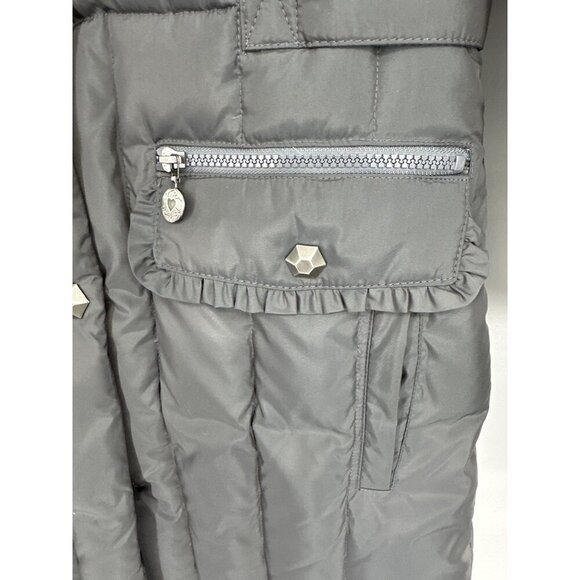 Betsy Johnson Long Down Puffer Coat Leopard Print Lining Ruffle Details Sz S - Picture 4 of 9